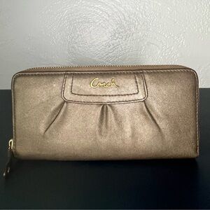 Coach Metallic Bronze Pleat Front Smooth Leather Clutch Wristlet Wallet